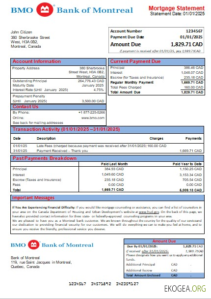 Relevé hypothécaire bancaire de la Banque du Canada de Montréal scr